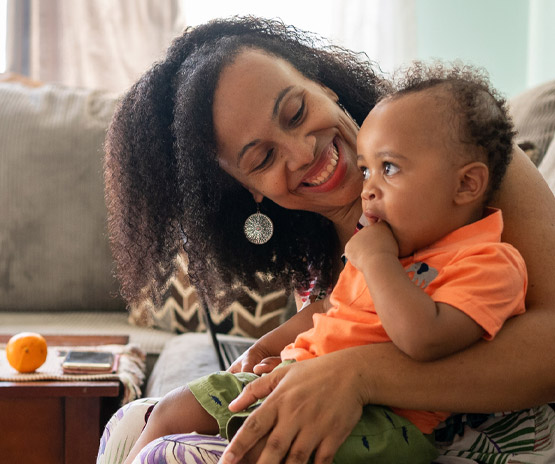 Mother and child in living room